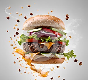 Fresh tasty burger flying air with spice and little steam on light background. Fast Food. Unhealthy but delicious food