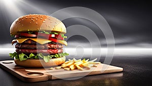 Fresh tasty burger with with french fries on a street background. Generative AI