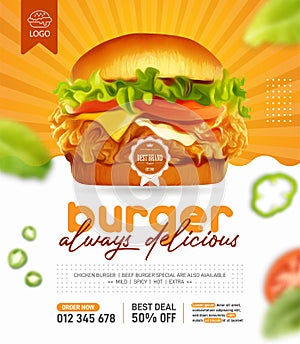 Fresh tasty burger promotion in 3d illustration