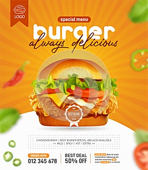 Fresh tasty burger promotion in 3d illustration