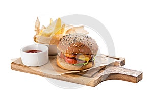 Fresh tasty cheeseburger with beef and french fries on woden board isolated on white background