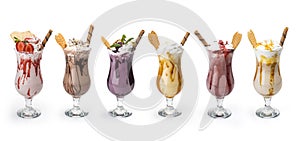 Fresh tasty cocktails, Glasses with delicious milk shakes isolated on white