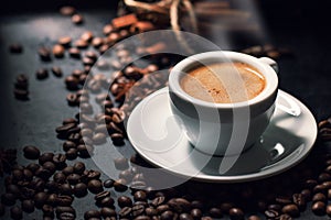 Fresh tasty espresso cup of hot coffee with coffee beans on dark