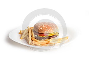 Fresh tasty hamburger with fries on a white plate