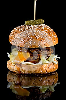 Fresh tasty Hotshot Burger with reflection isolated on black background