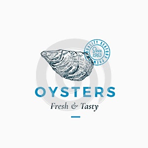 Fresh and Tasty Oysters Abstract Vector Sign, Symbol or Logo Template. Hand Drawn Shellfish Mollusc with Premium Classic