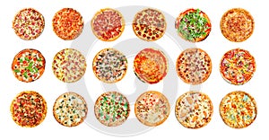Fresh tasty pizza collage set on white background. Big set of pizzas. Top view