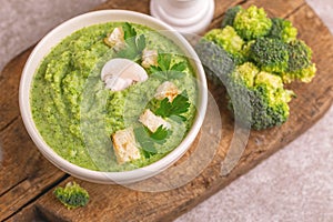 Fresh tasty pureed broccoli soup with vegetables. Healthy food