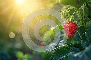 Fresh tasty ready for harvest ripe red strawberry growing on strawberry farm in greenhouse