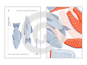 Fresh tasty salmons, sea fishes and fillets vector hand drawn poster design with space for text.