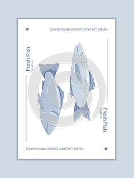 Fresh tasty salmons, sea fishes vector hand drawn poster design with space for text.