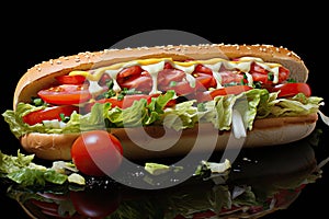 fresh tasty sandwich Baguette sandwich Fresh ham sandwich with lettuce, slices of fresh tomatoes