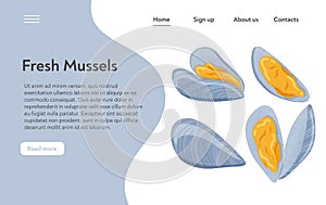 Fresh tasty seafood clams, shellfish in seashells vector hand drawn landing page design with text space.