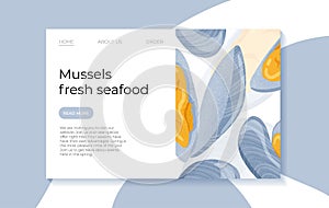 Fresh tasty seafood clams, shellfish in seashells vector hand drawn landing page design with text space.