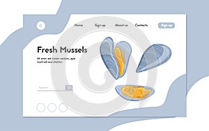 Fresh tasty seafood clams, shellfish in seashells vector hand drawn landing page design with text space.