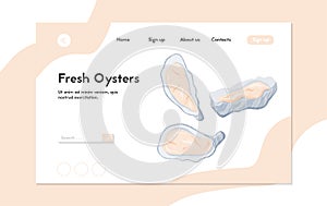 Fresh tasty seafood clams, shellfish in seashells vector hand drawn landing page design with text space.