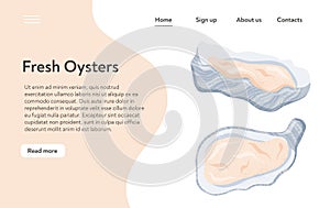 Fresh tasty seafood clams, shellfish in seashells vector hand drawn landing page design with text space.