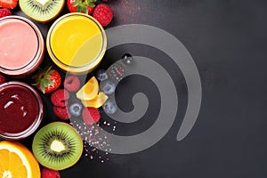 fresh tasty smoothies with different fruits