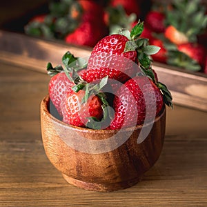 Fresh Tasty Strawberries in Wooden Bowl Wooden Rustic Background Square