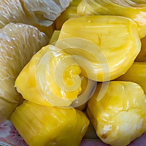 The fresh tasty yellow jackfruit at the fruit market.