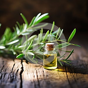 Fresh tea tree twig and essential oil in a glass container, on the wooden board