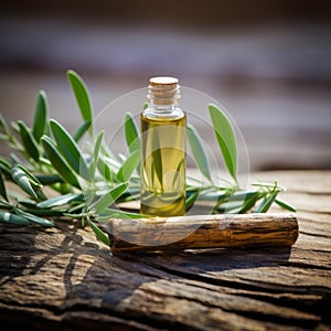 Fresh tea tree twig and essential oil in a glass container, on the wooden board