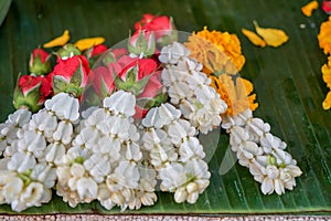 Fresh Thai style flower garlands made of white jasmine, crown flower, red rose and yellow marigold selling on green banana leaves