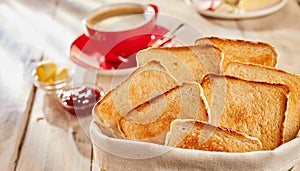 Fresh toasts for breakfast with butter coffee