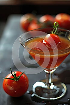 Fresh Tomato Basil Cocktail in Elegant Glass on Dark Surface