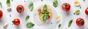 Fresh tomato and basil spaghetti presentation on white background for single serving