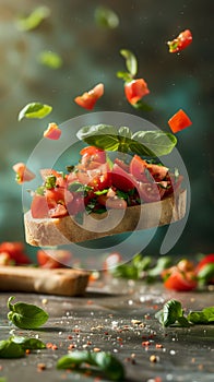 Fresh tomato bruschetta with basil and spices mid-air, vibrant culinary scene