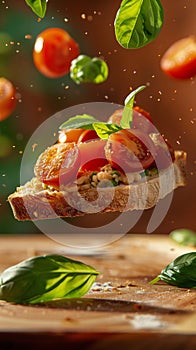 Fresh tomato bruschetta with basil and spices mid-air, vibrant culinary scene