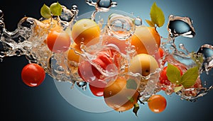 Fresh tomato drop splashing in water, nature vibrant underwater painting generated by AI