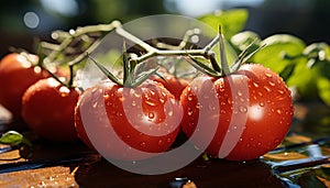 Fresh tomato drop on wet leaf, nature healthy gourmet salad generated by AI