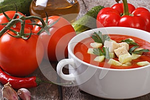 Fresh tomato gazpacho soup with vegetables and oils