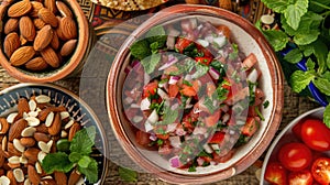 Fresh tomato and herb salad in a ceramic bowl with almonds on a patterned tablecloth