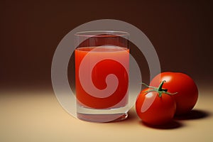 Fresh tomato juice in glass with ripe tomatoes