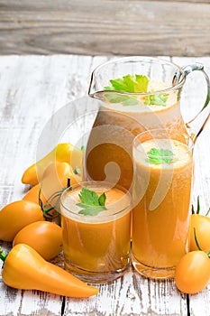 Fresh tomato juice made from the golden-yellow tomatoes in jar on the table