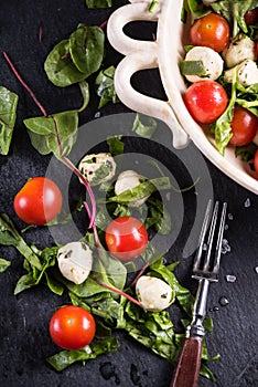 Fresh tomato and mozzarella salad on black slate