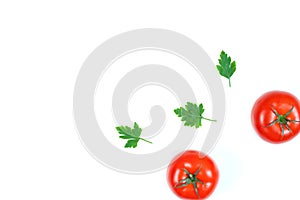 Fresh tomato and parsley isolated on a white background. Herbs and spices. Food Ingredients, top view