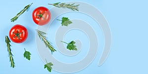 Fresh tomato, parsley and rosemary isolated on a blue background. Herbs and spices. Food Ingredients, top view