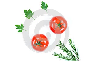 Fresh tomato, parsley and rosemary isolated on a white background. Herbs and spices. Food Ingredients, top view