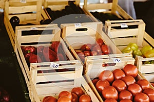 Fresh tomato, peppers and paprika on the farm market. Natural local products on the farm market. Harvesting. Seasonal products. Fo