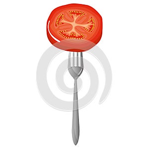 fresh tomato slice in fork