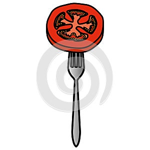 fresh tomato slice in fork