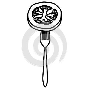 fresh tomato slice in fork