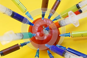 Fresh tomato studded with a multi-colored syringe