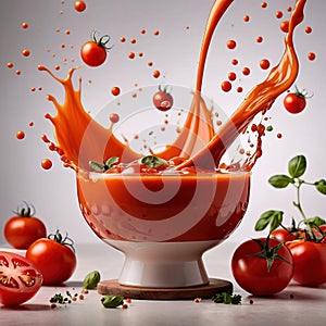 Fresh tomato vegetable soup with liquid splash effect