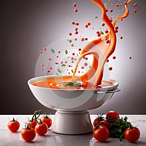 Fresh tomato vegetable soup with liquid splash effect