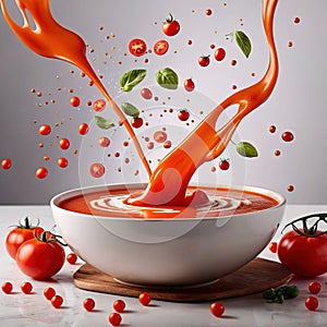 Fresh tomato vegetable soup with liquid splash effect